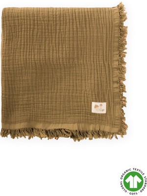 Cigit Dört Kat Püsküllü Organic Müslin Battaniye 80X120 Cm Hardal Sarı