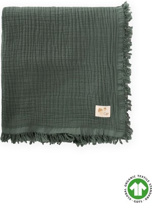 Cigit Dört Kat Püsküllü Organic Müslin Battaniye 80X120 Cm Haki Yeşili