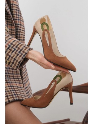 Mio Gusto Elvira Taba Süet Renk Kombinasyonlu Kadın Stiletto Topuklu Ayakkabı