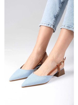 Mio Gusto Carly Mavi Renk Denim Kumaş  Arkası Açık Kadın Kısa Topuklu Kot Ayakkabı