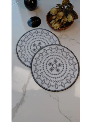 Gümüş Nakış Işlemeli Linen Keten Kokteyl Sunum Peçetesi 2’li | Otantik Mandala Serisi Mira