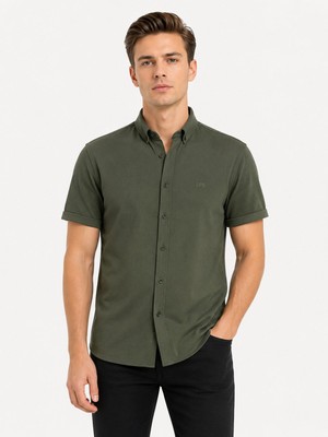 Classics Men Cafes Likralı Kısa Kol Slim Fit Erkek Gömlek - 7735