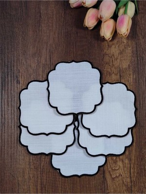 Siyah Nakışlı Beyaz Kumaş Işlemeye Uygun Linen Keten Etamin Kumaş Kahve Yanı Kokteyl Sunum PEÇETE6LI