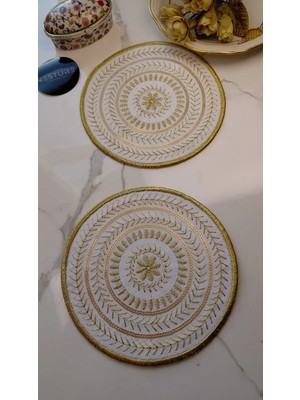 Gold Pul ve Nakış Işlemeli Linen Keten Kokteyl Sunum Peçetesi 2’li |otantik Mandala Serisi Luna–çift Pul