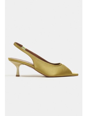 Nişantaşı Shoes Salva Yeşil Saten Sivri Burun Önü Açık Kadın Topuklu Ayakkabı
