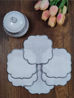 Gümüş Nakışlı Beyaz Kumaş Işlemeye Uygun Linen Keten Etamin Kumaş Kahve Yanı Kokteyl Sunum PEÇETE6LI