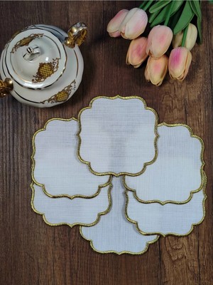 Gold Nakışlı Beyaz Kumaş Işlemeye Uygun Linen Keten Etamin Kumaş Kahve Yanı Kokteyl Sunum Peçete 6lı