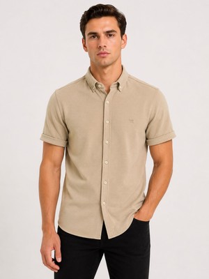 Classics Men Cafes Likralı Kısa Kol Slim Fit Erkek Gömlek - 7735