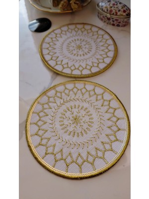 Gold Pul ve Nakış Işlemeli Linen Keten Kokteyl Sunum Peçetesi 2’li |otantik Mandala Serisi Aria- Tek Pul