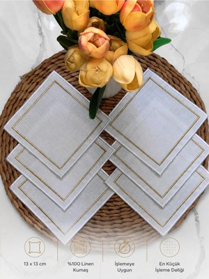 Kare Beyaz Gold Nakışlı Linen Keten Kokteyl Peçete 6’lı - Kahve Yanı Sunum Peçetesi - 13X13CM