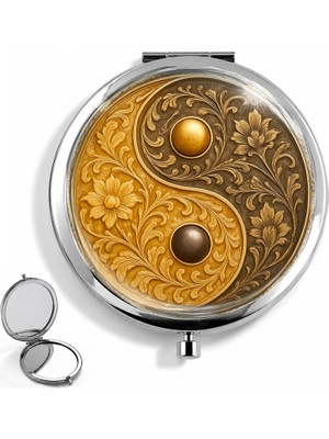 Leylaki Makyaj Aynası Yin Yang Desenli Cep Aynası El Aynası Dekoratif Çift Taraflı Yuvarlak Metal Kompakt Kadın Çanta Aynası