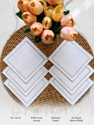 Kare Beyaz Gümüş Nakışlı Linen Keten Kokteyl Peçete 6’lı - Kahve Yanı Sunum Peçetesi 13X13CM