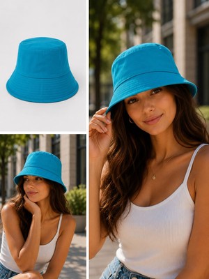 Gülümser Shop Turkuaz Bucket Şapka Unisex Düz Renk Bez Kumaş Balıkçı Şapkası – Günlük Kullanım