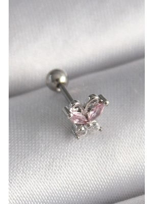 Uravas Store Ietaks™ 316L Çelik Gümüş Renk Pembe Zirkon Taşlı Kelebek Tragus Piercing