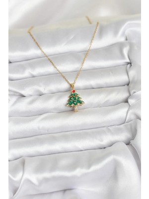Uravas Store Ietaks™ 316L Çelik Zincir Gold Renk Çam Ağacı Model Yılbaşı Temalı Kadın Kolye