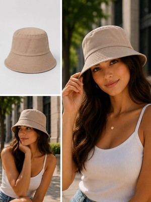 Gülümser Shop Bej Bucket Şapka Unisex Düz Renk Bez Kumaş Balıkçı Şapkası – Günlük Kullanım