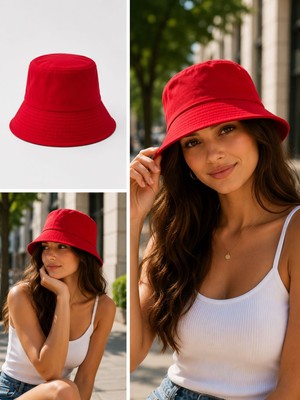 Gülümser Shop Kırmızı Bucket Şapka Unisex Düz Renk Bez Kumaş Balıkçı Şapkası – Günlük Kullanım