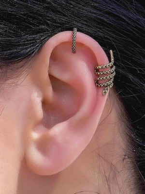 Esha Store Vintage Antik 2'li Deliksiz Ear Cuff Ayarlanabilir Yılan Model Kıkırdak Küpe Seti Eukk9