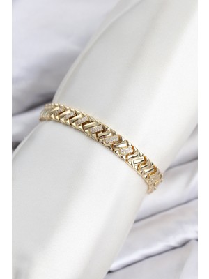 Twin Store cm Geometrik Model Zirkon Taşlı Vip Seri Gold Renk Pirinç Kadın Bileklik TJ-BB8616