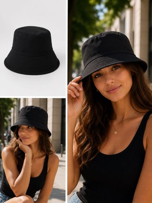 Gülümser Shop Siyah Bucket Şapka Unisex Düz Renk Bez Kumaş Balıkçı Şapkası – Günlük Kullanım
