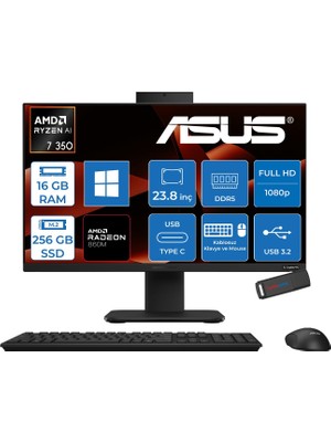 Asus Expertcenter P600 Aio (PM640KA) Amd Ryzen™aı 7 350 Upto 5.0ghz 16GB Ddr5 256GB SSD Amd Radeon™ 860M 23.8"fhd (1920 x 1080)SRGB: 100% WIN11PRO Allınone Bilgisayar PM640KA350P01+ZETTAUSBBELLEK