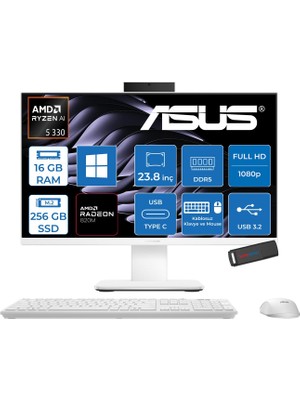Asus Expertcenter P600 Aio (PM640KA) Amd Ryzen™aı 5 330 Upto 4.5 Ghz 16GB Ddr5 256GB SSD Amd Radeon™ 820M 23.8 Fhd (1920 x 1080)SRGB: 100% WIN11HOME Allınone Bilgisayar PM640KA330H01+ZETTAUSBBELLEK
