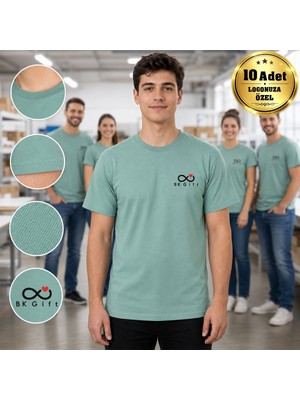 BK Gift Logonuza Özel 10 Adet Premium Mint Yeşili Tişört - Pamuk Unisex Kurumsal Personel Tişörtü
