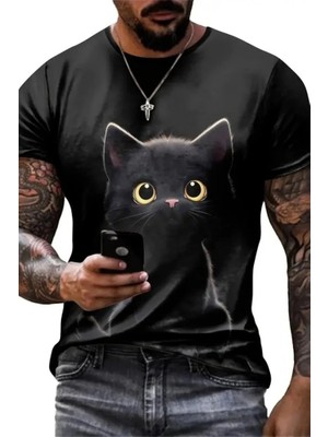 Uslucan Alışveriş Erkek Bisiklet Yaka Kedi Baskılı Süprem T-Shirt