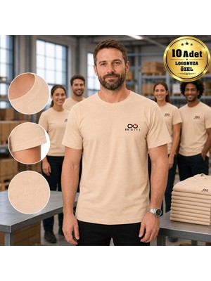 BK Gift Logonuza Özel 10 Adet Premium Bej Tişört - Pamuk Unisex Kurumsal Personel Tişörtü