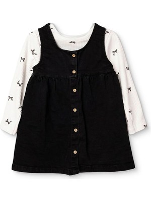 Hellobaby Kız Bebek Salopet-Tişört Fiyonk Baskılı Düğmeli Bisiklet Yaka Long Sleeve