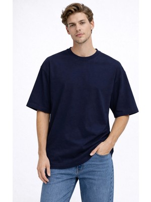 Karel Butik Erkek Oversize Fit %100 Organik Pamuk Kalın Dokulu Bisiklet Lacivert T-Shirt