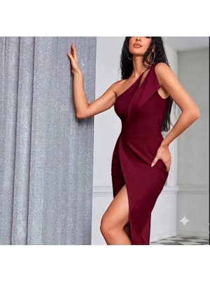 Nake Butik Kadın Tek Omuzlu, Yırtmaç Detaylı Midi Elbise