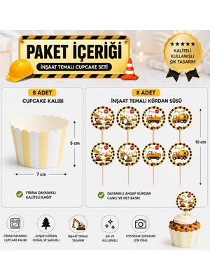 Bkmc Party Inşaat Temalı Cupcake Seti 16 Parça – 8 Cupcake Kalıbı + 8 Iş Makinesi Kürdan Süs Doğum Günü Parti Malzemesi