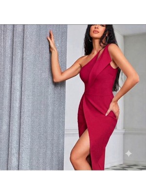 Nake Butik Kadın Tek Omuzlu, Yırtmaç Detaylı Midi Elbise