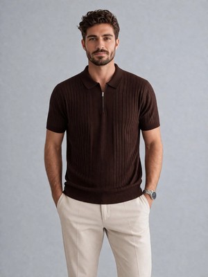 Karel Butik Kahverengi Fermuarlı Regular Fit Polo Yaka Tişört