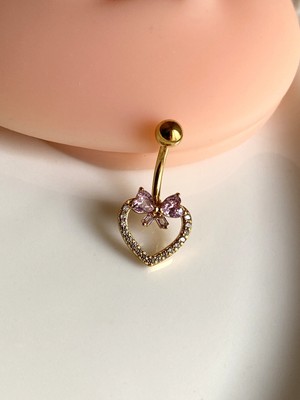 Kurukafa Gift Çelik Göbek Piercing Kalp Pembe Fiyonk Zirkon Taşlı