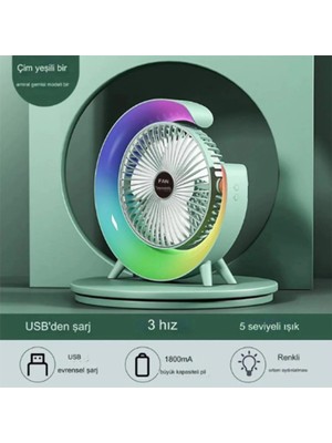 Drop Tedarik Masaüstü Vantilatör USB Şarjlı Rgb LED Işıklı 3 Kademeli 180° Ayarlanabilir Soğutucu Fan Yeşil