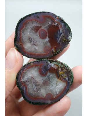 Healcrystal Almus Karadeniz Agat Çifti | Derin Burgonya Kırmızısı, Dumanlı Gri ve Beyaz Kuvars Tüy Agat