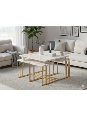 Usta Mekan Seul 5 Li Tekerlekli Gold Beyaz Mermer Yavrulu 4+1 Kare Orta Sehpa