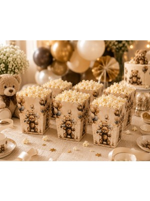 Bkmc Party Ayıcık Temalı Mısır Kutusu 8 Adet | Teddy Bear Popcorn Kutusu | Doğum Günü Baby Shower Parti Mısır Kutusu