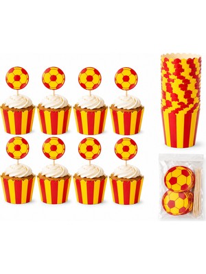Bkmc Sarı Kırmızı Cupcake Kalıbı ve Kürdan Süs Seti 16 Parça – 8 Cupcake Kalıbı + 8 Futbol Kürdan Doğum Günü Parti Malzemesi
