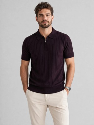 Karel Butik Bordo Fermuarlı Regular Fit Polo Yaka Tişört