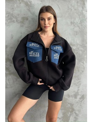FullaModa 3 Iplik Kot Garnili Oversize Ceket