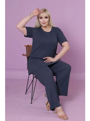 FullaModa Büyük Beden Fitilli Kısa Kol Tunik Pijama Takımı