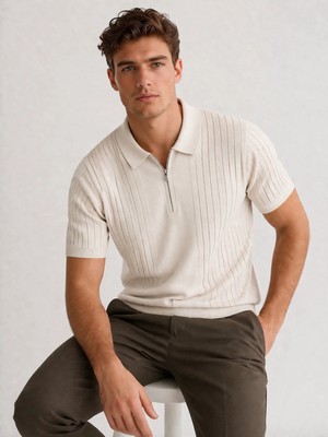 Karel Butik Ekru Fermuarlı Regular Fit Polo Yaka Tişört