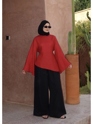 Moda Aksa Royal Bağlama %100 Organik Keten Bluz Kırmızı