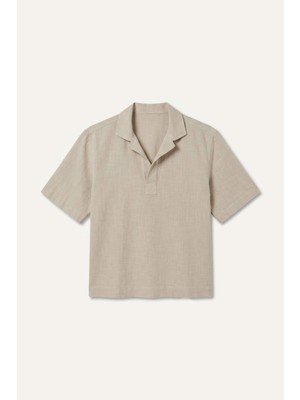 DeFacto %100 Pamuk Boxy Fit Polo Yaka Dokuma Kısa Kollu Kum Beji Gömlek F8622AX26SP