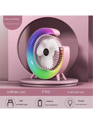 Drop Tedarik Masaüstü Vantilatör USB Şarjlı Rgb LED Işıklı 3 Kademeli 180° Ayarlanabilir Soğutucu Fan Pembe