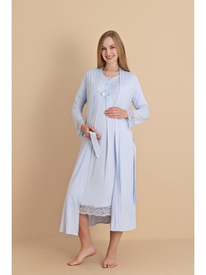 Duchesse  2601 Mavi Dantel Kol Hamile  Lohusa Gecelik Sabahlık Tk