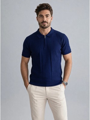Karel Butik Lacivert Fermuarlı Regular Fit Polo Yaka Tişört
